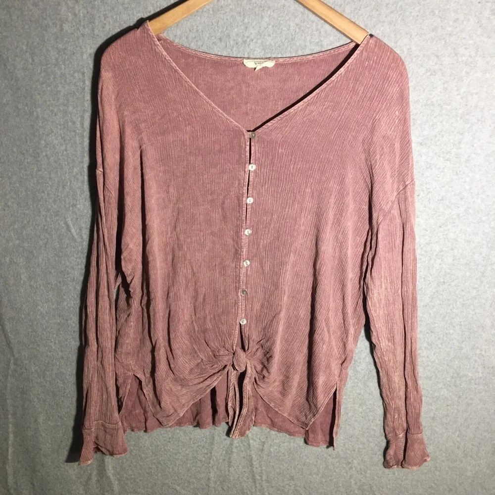 Womens Easel Blouse Button Front Tie Mauve Casual Summer Spring Cottage Core